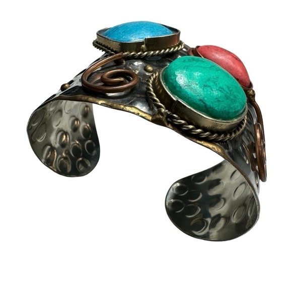 Navajo Inspired Three Stone Wide Cuff Silver Bracelet - Picture 2 of 10